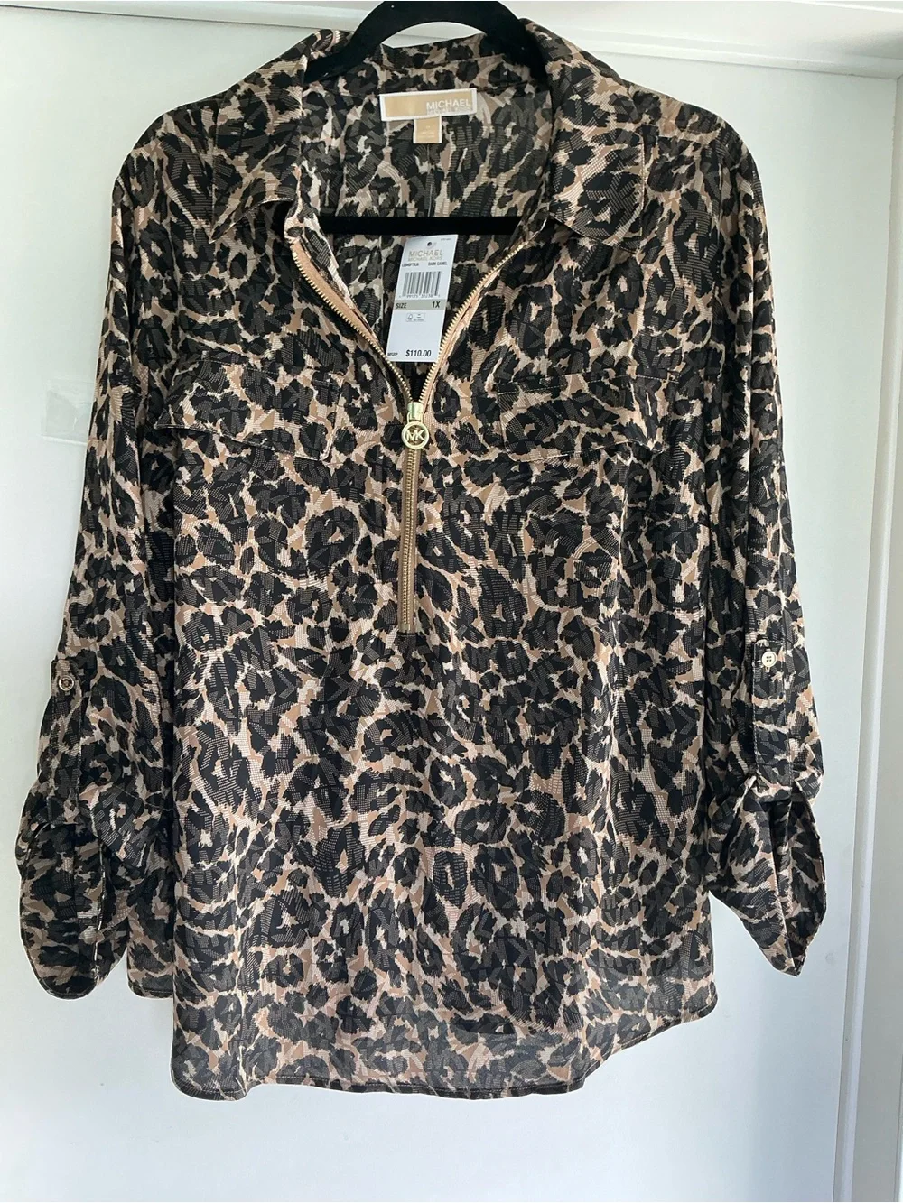 NWT Michael Kors Brown Leopard Print 3/4 Zip Women’s plus  Sz 1X